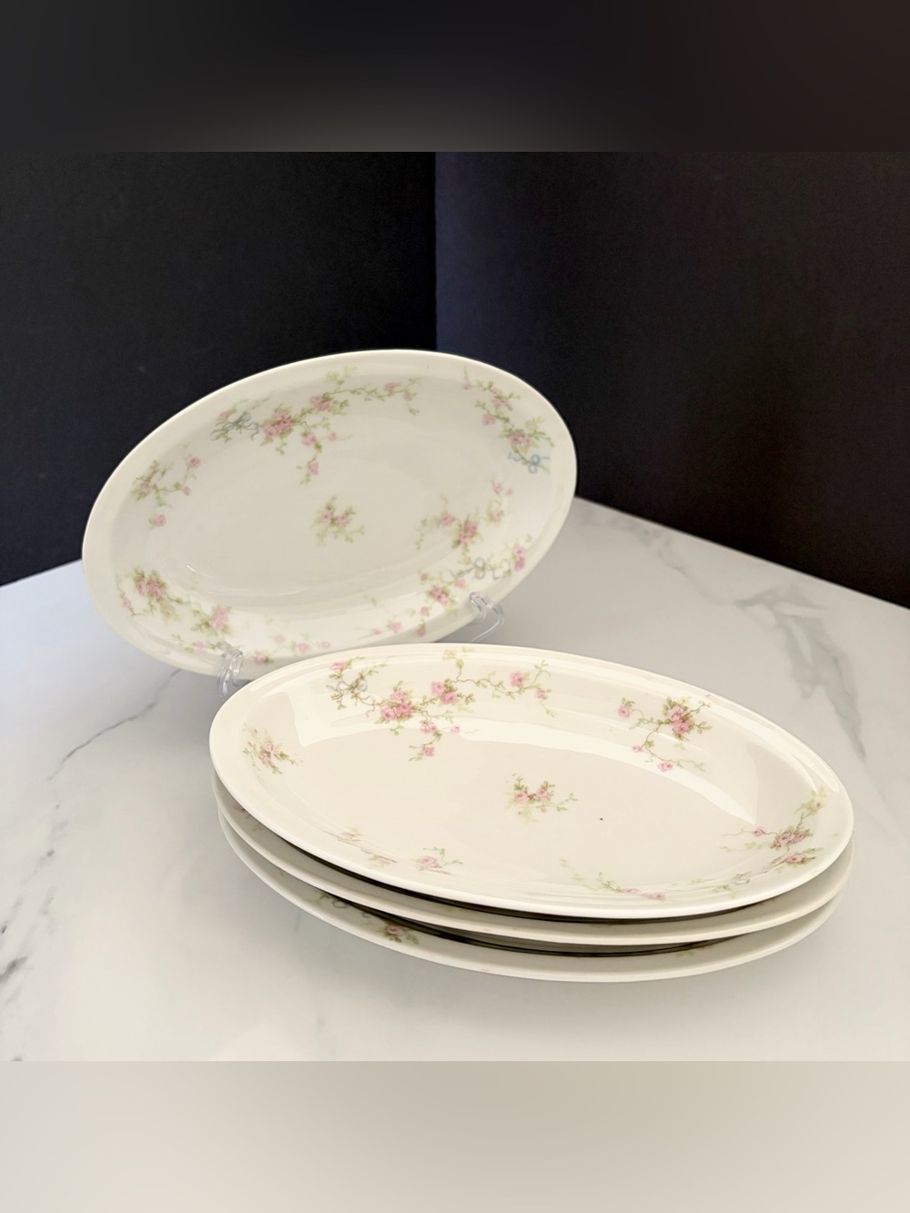 SET of 4 Platters 9" - Pink Roses with Ribbon Bows - Haviland Limoges